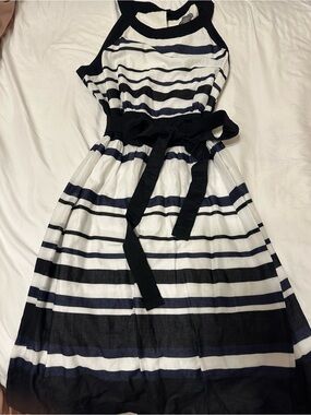 Ann Taylor Black and White Striped Dress Halter Petite with Waist Tie